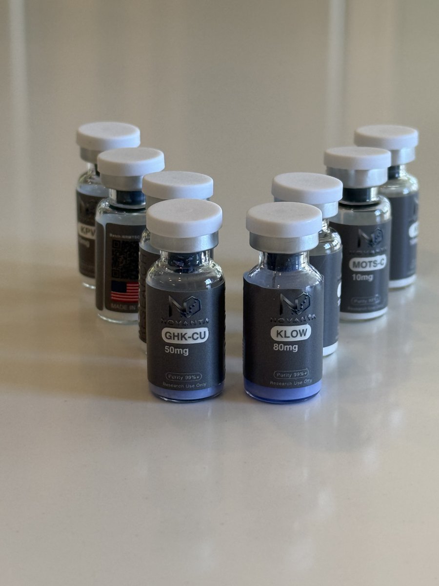 Novanta Research GHK-Cu 50mg and KLOW 80mg vials in front of a peptide lineup