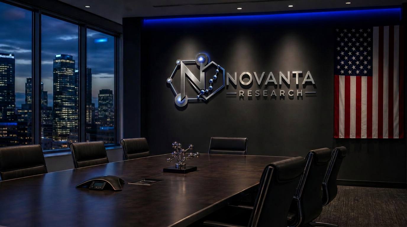 Novanta Research boardroom with illuminated logo wall and American flag
