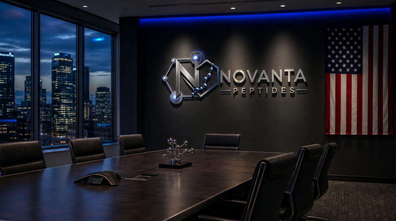 Novanta Peptides boardroom with illuminated logo wall and American flag